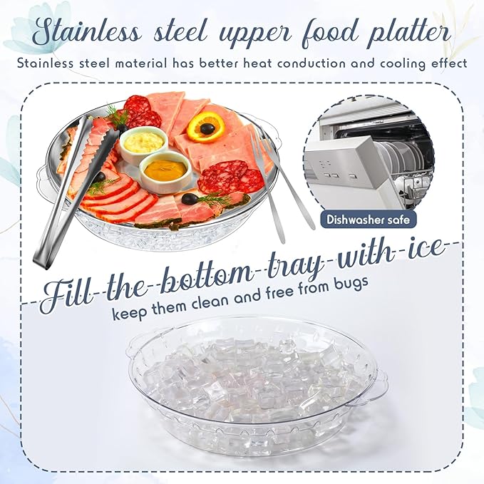 Baderke 6 Sets 11.8" Chilled Serving Tray for Parties Round Iced Platter with Ice Underneath Stainless Steel Clip Fruit Fork Shrimp Cocktail Serving Dish for Oysters Crawfish Fruits (Original)