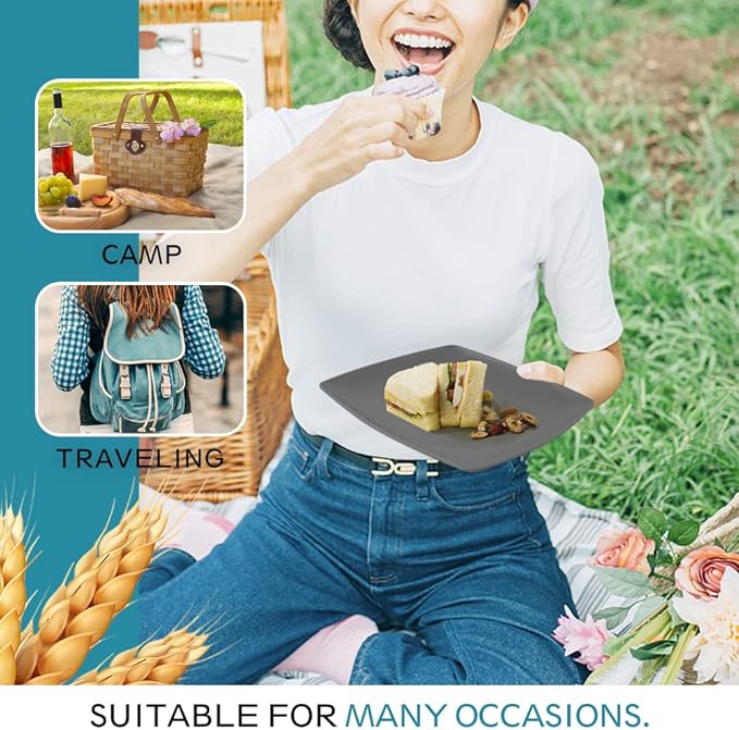 Teivio 48-piece Wheat Straw Square Dinnerware Set for 12, Unbreakable Dinner Plates, Salad Plates, Snack Bowls, Tumblers 13.5 oz, Dishwasher Safe, Plastic Kitchen RV Dish Set, Gray Ombre