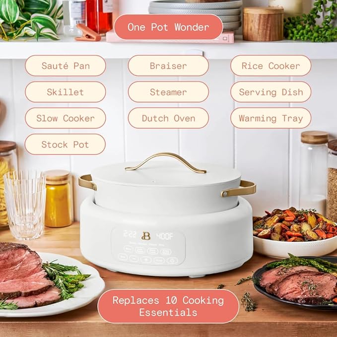 10-in-1 Electric Multi-Cooker, 6 Quart Programmable Cooking Pot with Digital Display, Nonstick Interior, One-Touch Controls, Multi-Function Kitchen Appliance (White Icing)