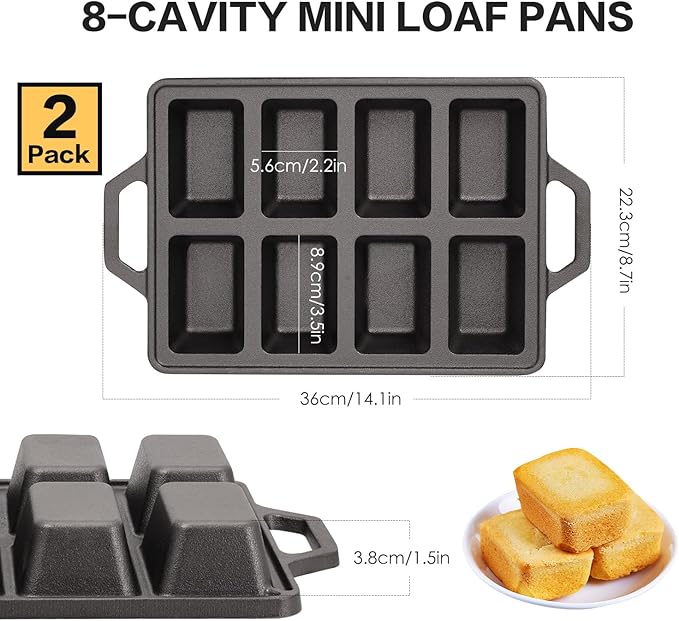 Flavehc 2pack Cast Iron Mini Loaf Pans 8-Cavity Bread Loaf Pans Pre-Seasoned Baking Pan Molds with Handle Bread Pans for Homemade Bread