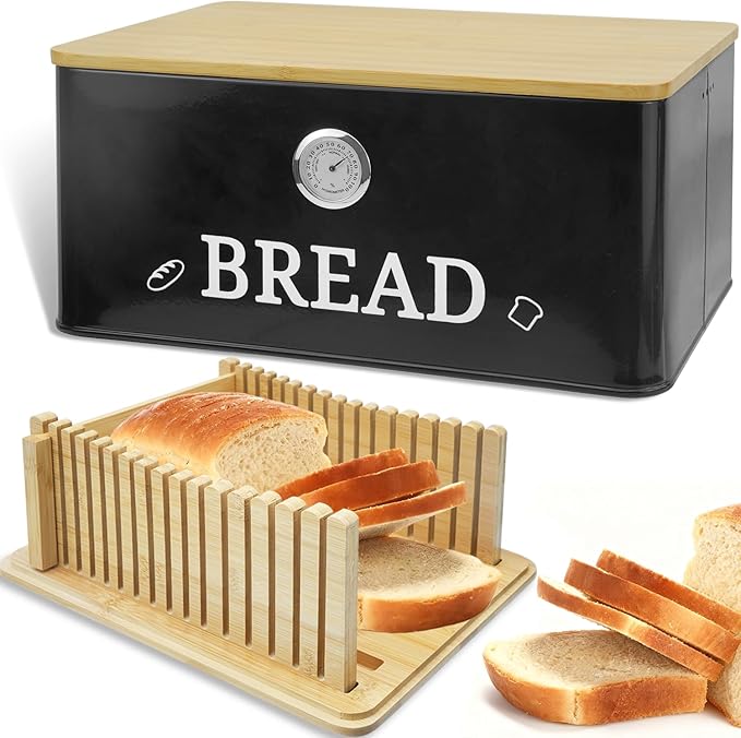 Black Bread Box for Kitchen Countertop with Bamboo lid, Hygrometer Kitchen Organizer for Sourdough, Buns, and Loaves, Bread Storage Container with Cutting Board Lid
