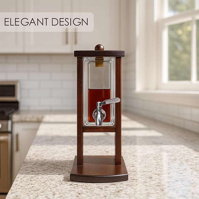Whiskey Decanter with Tap, Glass and Wood Liquor Dispenser for Home Bar, Bourbon Tequila and Scotch Decanter, Unique Whiskey Gift Set for Men and Whiskey Lovers