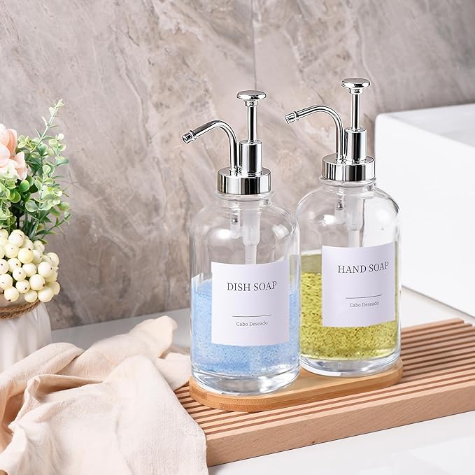 Glass Soap Dispenser with Pump, Dish and Hand Soap Dispenser for Kitchen Bathroom Set, Clear Glass Dispenser Set of 2 Pack with 18 Stickers Funnel Bamboo Tray 500ml 18oz / Each Bottle Sliver Pump