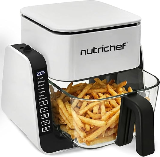 NutriChef 4 QT Air Fryer & Grill | 8-1 Preset Cook Modes | Transparent Fry Bowl for Best Cooking Results | Cook Shrimp, Steak, Fries, Wings & More | 4 QT Glass Air Fryer & 1.2 QT Grill | White