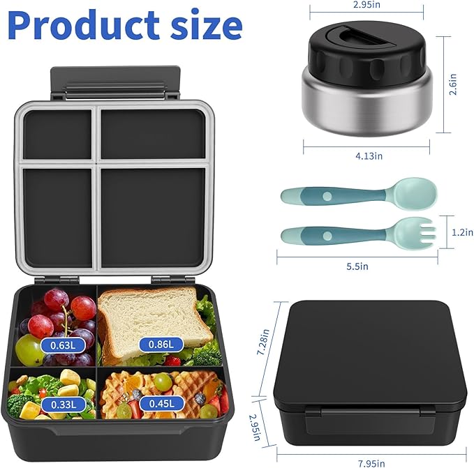 Bento Box for Kids with Thermo Food Container (9oz), 4-Compartment Lunch Box, Adjustable Divider, Leakproof Bento Lunch Box, Includes Utensils & Carry Bag for School, Office(Black)