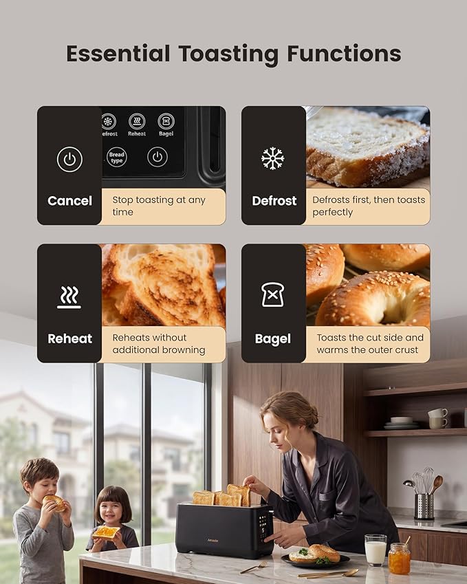 4 Slice Toaster, Long Slot Touch Screen Retro Toaster with Digital Countdown, Extra-Wide Slots for Bagels & Artisan Bread, 6 Browning Levels, 5 Bread Modes, Defrost Reheat Cancel, Stainless Steel
