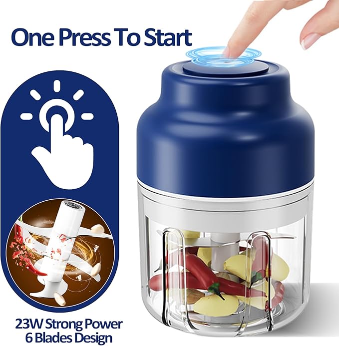 Upgrade Electric Garlic Chopper, Electric Mini Food Processor Portable Veggie Cutter Chopper, USB Rechargeable Wireless Food Chopper with 6 Blades for Mashing Garlic, Chili, Onion, Fruit, Meat Ginger