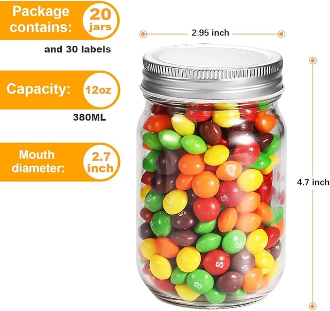 12oz Glass Jars With Lids Regular Mouth 20 Pack -Mason Jars 12 oz For Crafts, Meal Prep, Canning Jars For Food Storage Frascos De Vidrio Con Tapa Para Conservas-with 20 Chalkboard Stickers-Silver Lid