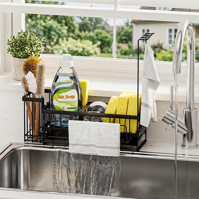 Sponge Holder for Kitchen Sink – Rustproof Stainless Steel with Detachable Drainboard, Brush Rack & Towel Bar | Compact, Non-Slip Design for Countertop Bathroom