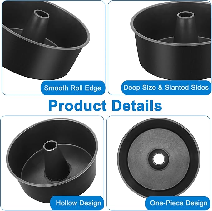 TeamFar 10 Inch Angel Food Cake Pan, Non-Stick Coating Stainless Steel Core Pound Cake Pan with Tube, Healthy & Heavy-Duty, One-piece & Hollow Design, Release Easily & Easy Clean, Set of 2