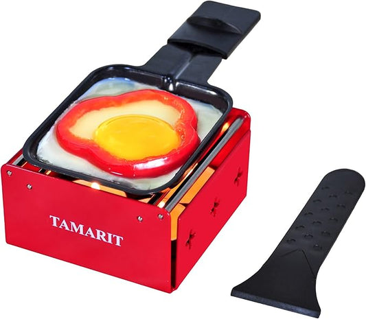 TAMARIT Personal Raclette Grill- Portable Candlelight Raclette Cheese Melter with Non-Stick Pan & Spatula - Small Raclette Machine for One Person, Picnic, Camping & Home, Red
