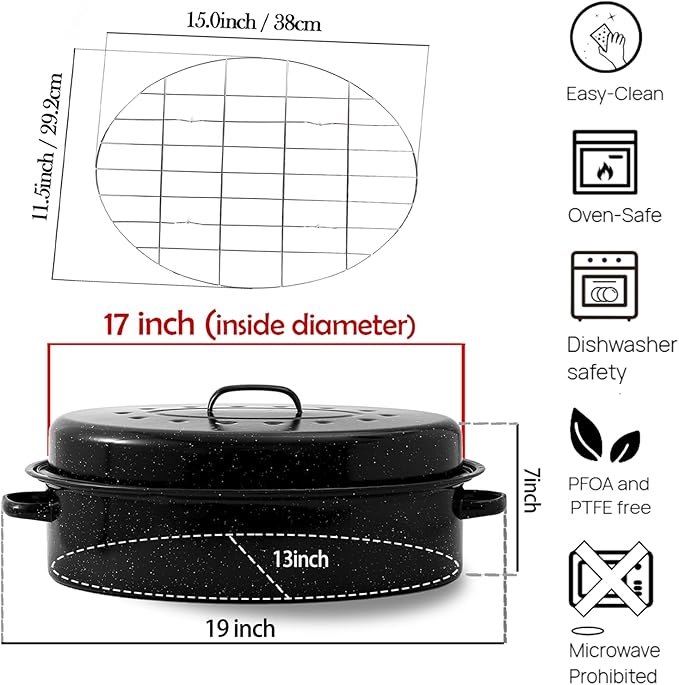 Large Roasting Pan with Lid and Rack 19"Granite Turkey Roaster Pan Set Enameled Steel Design Suitable for Turkey Versatile Cooking Barbecuing,Dishwasher Safe Cookware Holiday Gifts 1