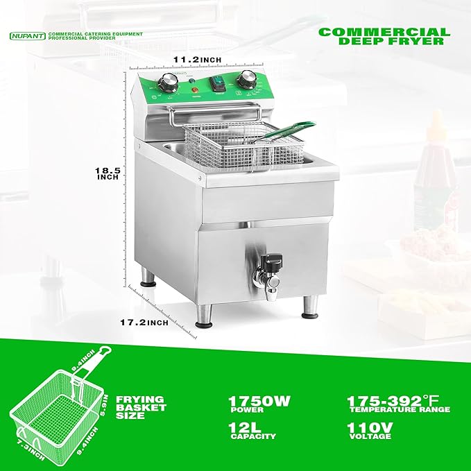 NUPANT 12.7 QT Commercial Fryer Electric Deep Fryer with Basket and Lid,Commercial Deep Fryer with Oil Filtration and Timer, Stainless Steel DEEP FRYER Countertop Fryer for Home Restaurant 110V/1750W