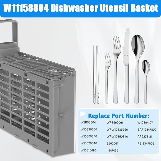 [2 PACK] UPGRADED W11158804 Dishwasher Silverware Basket Compatible with Whirlpool Dishwasher Utensil Basket Silverware Holder for Dishwasher Parts Cutlery Basket Caddy W10629540 WP8562061 W10350340