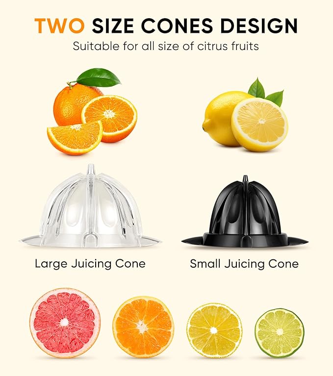Electric Orange Juicer, Citrus Juicer Squeezer with 2 Cones and Soft Grip Handle for Effortless Juicing, Stainless Steel Quiet Orange Juice Extractor Machines for Lime Grapefruit Lemon