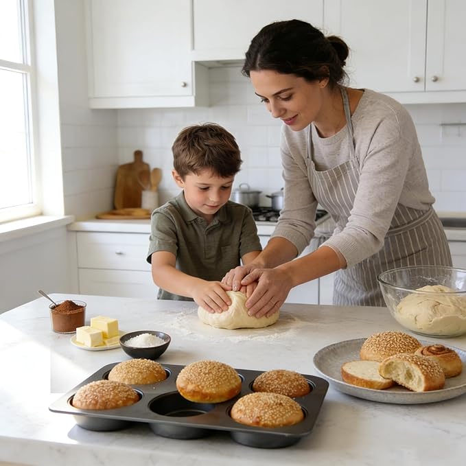 6 Cup Jumbo English Muffin Pan with Lid, Nonstick Straight Side Baking Pan, Hamburger Burger Bun Mold for Baking Egg Sandwich Frittata Cinnamon Roll Focaccia Quiche Pancake