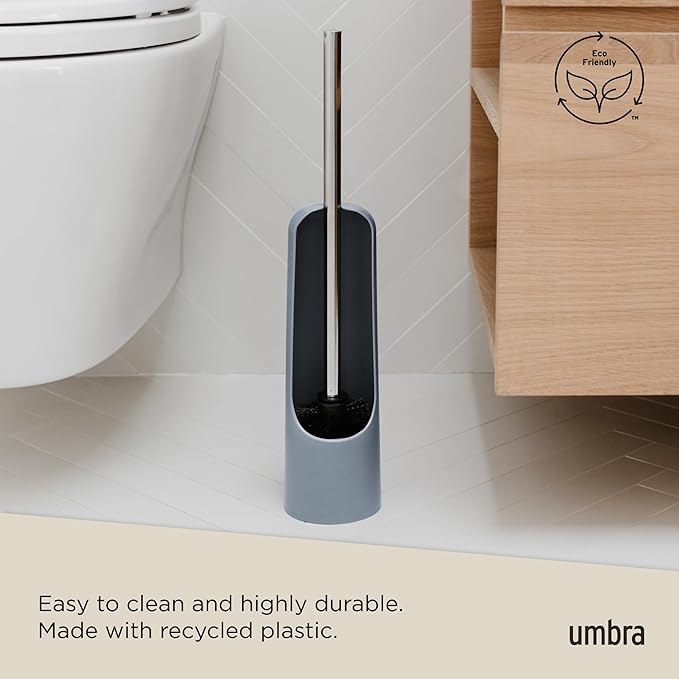 Umbra Touch Toilet Brush with Hideaway Holder – Durable, Slim, Plastic and Metal Bowl Cleaner with Bristles, Slate Blue