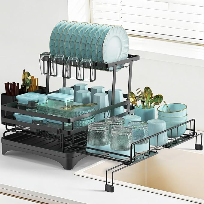 AULEEP 2 Tier Dish Drying Rack, 2-in-1 Expandable Dish Racks for Kitchen Counter, Anti-Rust Large Drainers for Kitchen Sink with Drying Mat, Cups Holder, Utensil Holder