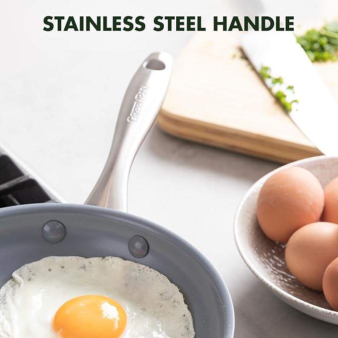 GreenPan Lima Hard Anodized 8" Frying Pan Skillet Nonstick, Ceramic Nonstick, PFAS-Free Nontoxic Pots and Pans, Oven & Broiler Safe, Stainless Steel Handle, Cookware for Eggs & Omelet,Gray(Pack of 2)