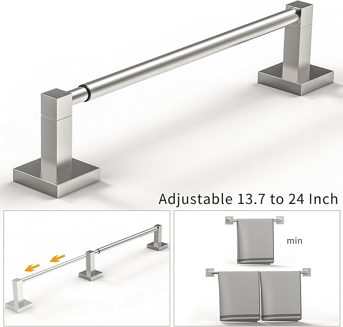 RUACQ Adjustable Towel Bar 13.8 to 24 inch,Square Base Single Towel Racks for Bathroom,Stainless Steel Towel Holder wall Mounted,Sturdy and Rustproof(Brushed Nickel)