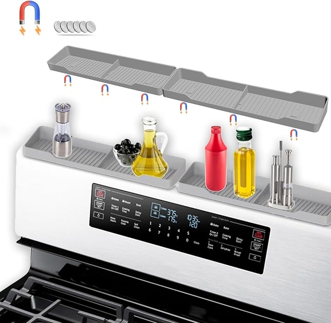 30 Inch Magnetic Silicone Stove Top Shelf,Heat Resistant Over The Stove Spice Rack for Kitchen,Space Saving Organizer Back of Stove,Includes 6 Additional Sticky Boards(Light Grey,30''x3.8'')
