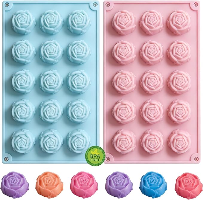 2 Pcs 15-Cavity Rose Flower Silicone Mold Non-Stick Fondant Molds for Cake Decorating Sugarcraft Candy Chocolate Ice Cube Resin Clay Kitchen Baking Tools