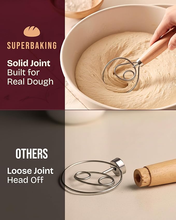 Superbaking Danish Dough Whisk - 12" Bread Whisk for Dough Mixing - Single Eye Design Sourdough Whisk - Sourdough Bread Baking Supplies - Bread Making Tools and Accessories - Ergonomic Wooden Handle