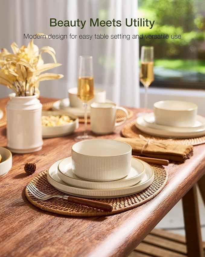 Famiware Star Dinnerware Set with Mugs, Service for 6 (24 Pieces), Ribbed Stoneware Plates and Bowls Dishes Sets with Trim - Chip & Scratch Resistant, Microwave & Dishwasher Safe, White