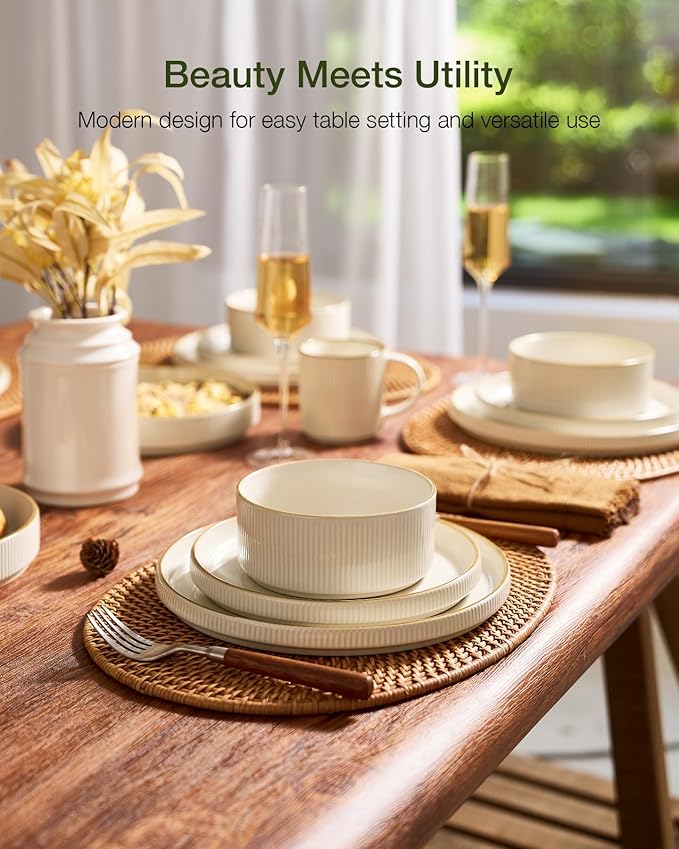 Famiware Star Dinnerware Set with Mugs, Service for 4 (16pcs), Ribbed Stoneware Plates and Bowls Dishes Sets with Trim - Chip & Scratch Resistant, Microwave & Dishwasher Safe, White