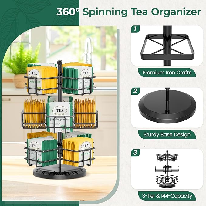 EsLuker.ly Tea Bag Holder Organizer for Counter 3 Tier Metal Teabag Storage Rack, Spinning Carousel Packet Display Stand, Tea Organizer Station with Easy Access for Kitchen Office, Black