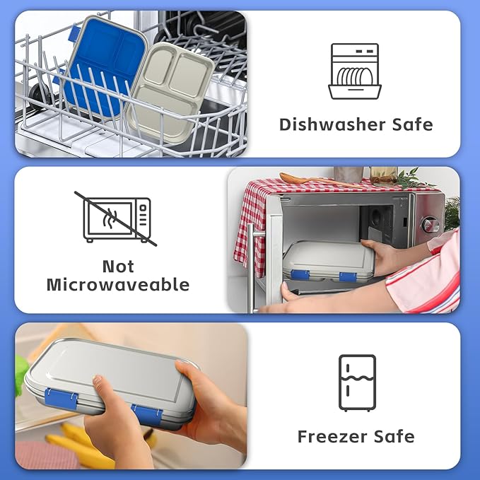 BOSEDSANG Stainless Steel Kids Leak-Resistant Bento Lunch Box, 3-Compartments with Silicone Container, Dishwasher-Safe, Child-Friendly Design for School, Picnics & Travel,BPA-Free (Blue)