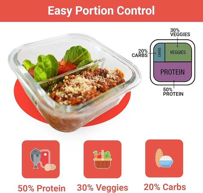 Portion Control Containers for Bariatric Meals – 8 oz Glass Meal Prep Containers with Two 4 oz Compartments and Lids (3 Pack), Reusable Bento Lunch Boxes