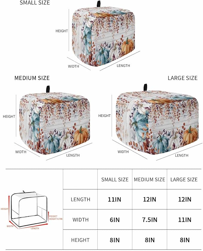 Orange Blue Pumpkins Fall Toaster Cover 2 Slice, Thanksgiving Eucalyptus Dustproof Bakeware Oven Protector with Hook, Gray Wooden Waterproof Small Kitchen Appliance Toasters Dust Cover, 12"x7.5"x8"