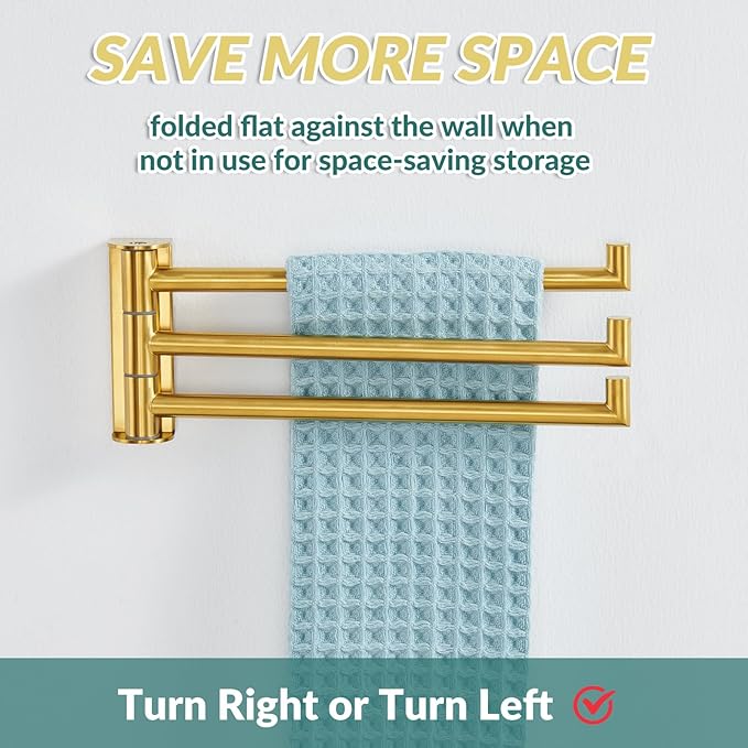 APLusee Swivel Towel Rack for Bathroom Door Wall Mounted, Swivel Towel Bar with 3 Rotating Arms 304 Stainless Steel, Flexible Kitchen Wall Hanging, Brushed Gold
