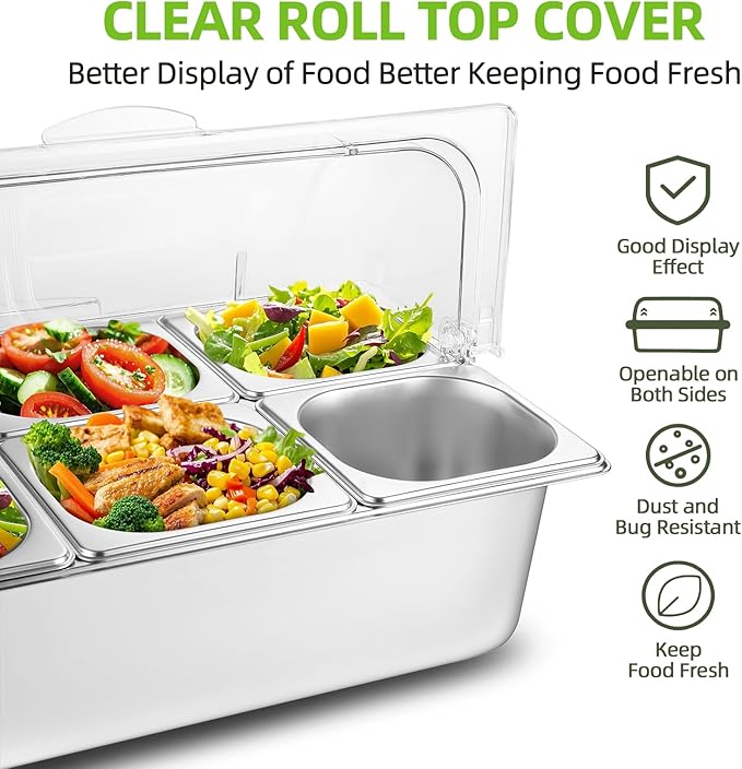 Stainless Steel Ice Food Serving Display Container 6 Pans 3 Ice Packs Cooled Condiment Dispenser Cold Serving Appetizer Buffet Organizer (6 Pans)