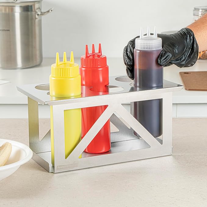 Restaurantware Squeeze Bottle Holder Pack of 1 Stainless Steel 6 Hole Bottle Holder, 2.93" Diameter Fits 1/3 Size Opening, Dishwasher Friendly Integrated Lip Design Holder for Condiment Bottles