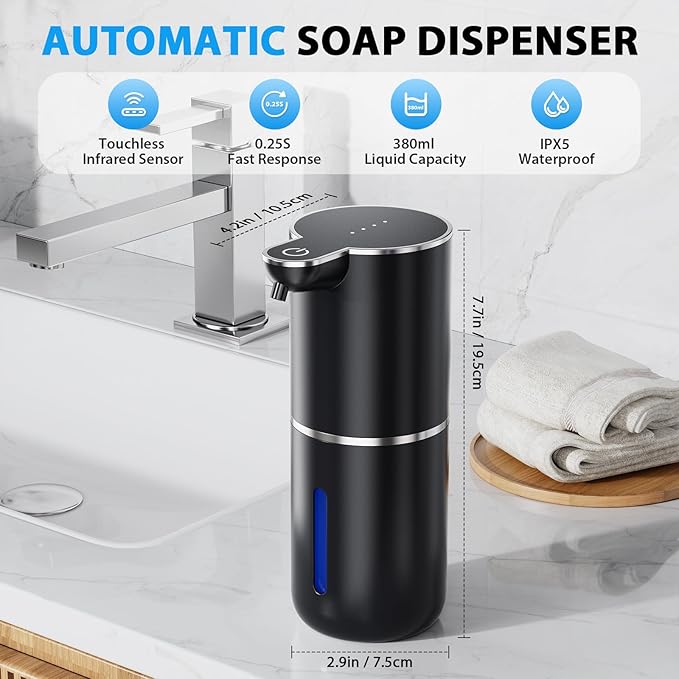 Fantictas Automatic Soap Dispenser Touchless Automatic Foam Soap Dispenser 380ML 4 Adjustable Levels 1200mAh Soap Dispensing Wall Mount for Kitchen and Bathroom,Black