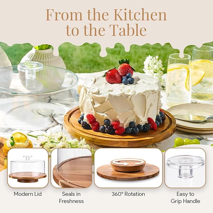 HOMESPHERE Rotating Cake Stand With Lid - 12 Inch Round Cake Holder with Cover, 4” Tall, Acacia Wood Spinning Cake Turntable for Decorating, Display and Serving Platter, Acrylic Cake Dome, No Glass
