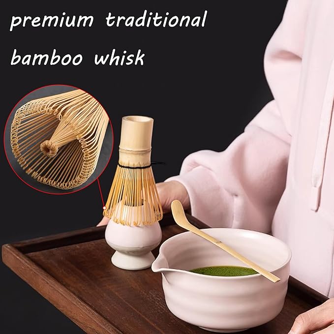 Matcha Whisk Set, 5 Pcs Matcha Kit for Matcha Lovers - Matcha Bowl with Spout, Matcha Whisk and Holder, Bamboo Matcha Scoop and Stainless Steel Sifter, Pink Ceramic Matcha Set