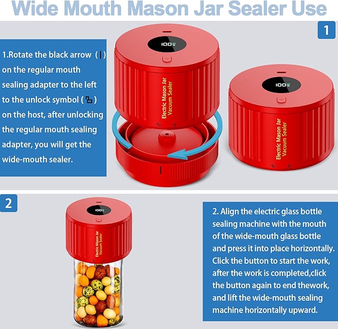 LOVE MOMENT Electric Mason Jar Vacuum Sealer Kit for Wide Mouth and Regular Mouth Mason Jar - Red