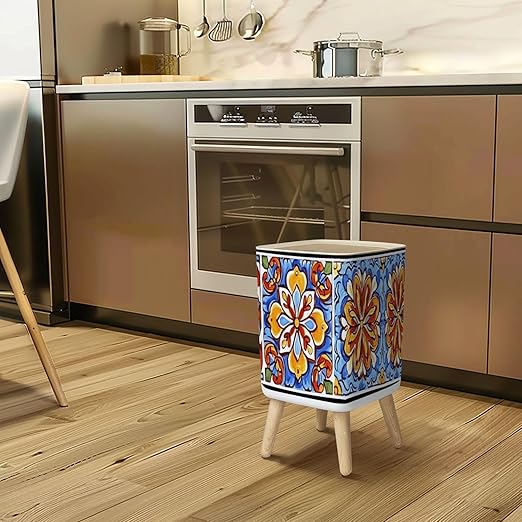Small Trash Can with Lid Mexican talavera ceramic tile pattern Ethnic folk ornament Italian Wastebasket with Press Cover Dog Proof Garbage Can Waste Bin for Kitchen Bathroom Nursery 2.6 Gallon