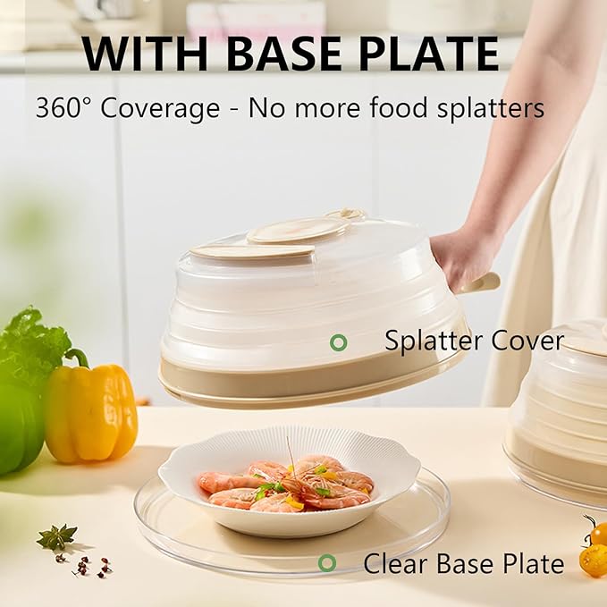 Microwave Splatter Cover with Base Plate and Water Steamer,Collapsible Microwave Cover for Food with Handle and Seasoning Groove, Clear Plate Covers,Food Safe,BPA Free,House Gifts (Creamy White)