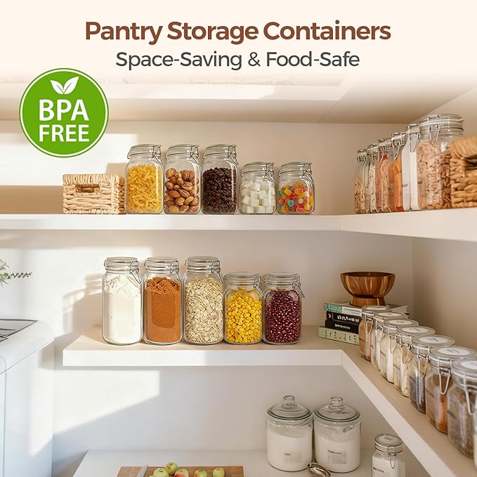 ComSaf 6-Pack 27oz Square Glass Pantry Canisters, Aesthetic Food Storage Jars for a Full Makeover, Modular Containers for Coffee, Sugar, Cookies, Snacks & Spices