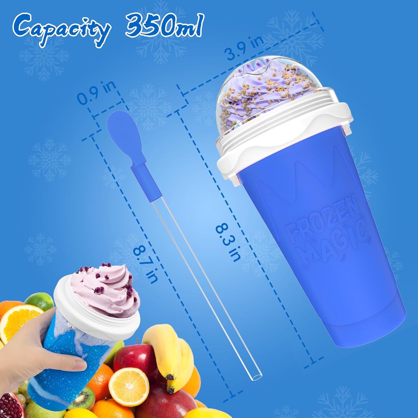 2PCS Slushie Maker Cup, Quick Frozen Magic Cups for Homemade Milk Shake Ice Cream Maker, Double Layer Squeeze Slushy Maker Cup, Birthday Gifts for Kids,Friends,Family (Blue+Green, 350ML)