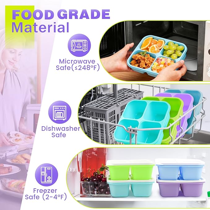 4 Pack Snack Containers Bento Box Adult Lunch Box,Meal Prep Container, Reusable Food Storage lunch Containers Stackable for Work, Travel and Gym (Blue, Green, Purple, Grass Green)