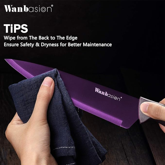 Wanbasion Purple Professional Kitchen Knife Chef Set, Stainless Steel, Dishwasher Safe with Covers