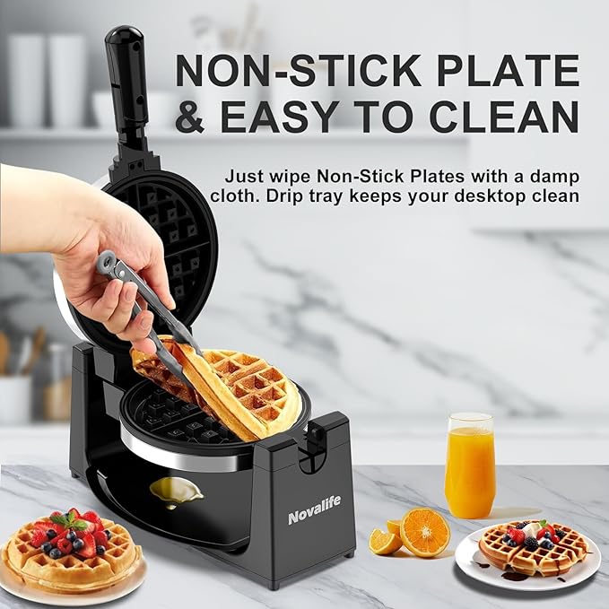 Waffle Maker, Rotating Belgian Waffle Maker, 180° Flip Waffle Iron, Non-Stick Plate, Adjustable Browning Control, Foldable Cool Touch Handle, Removable Drip Tray, Space Saving Storage, Stainless Steel