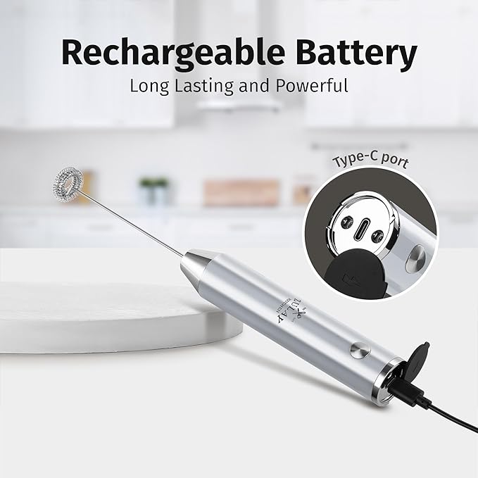 Zulay Kitchen Rechargeable Milk Frother Handheld Lux - Powerful 2-Speed Motor, Waterproof, 2000mAh Battery - Drink Mixer for Latte, Cappuccino, Matcha & Protein Powder - Pure Silver