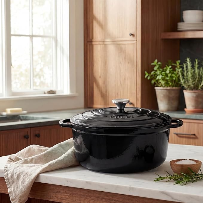 Zulay Kitchen 6 Quart Enameled Cast Iron Dutch Oven Pot with Lid – Premium Durability & Oven Safe up to 500°F – Heavy Duty Cookware Perfect for Bread Baking, Stews, Braising & Roasting - Black