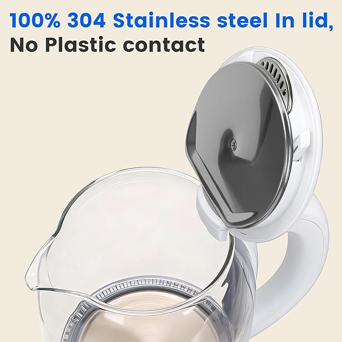 Household Electric Kettle, All 304 Stainless steel and No Plastic Contact, Automatic Shut-off,Borosilicate glass Visual Boiling, 2.0L Water Boiler & Tea Kettle Perfect For Tea & Coffee (pure white)